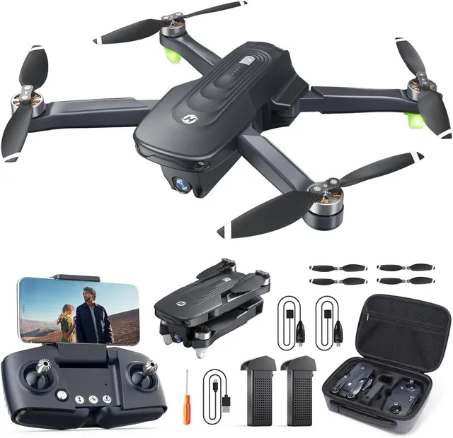 Holy Stone HS175D foldable budget drone in dark gray, with 4K camera and 110-degree wide-angle lens visible at the front, beside its included carry case