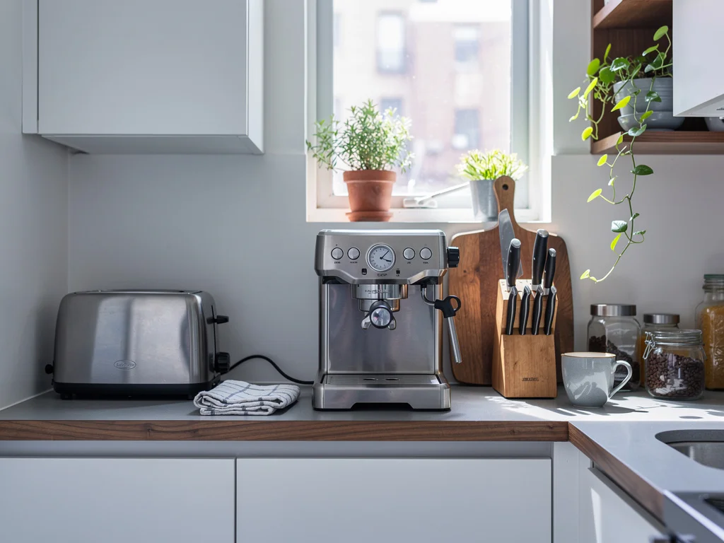 Compact stainless steel espresso machine sitting between a toaster and knife block on a small urban apartment counter, morning light through a window — illustrating the Bambino Plus apartment-fit scenario