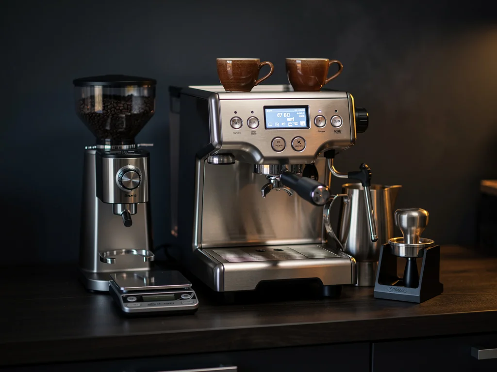 Prosumer dual-boiler espresso setup on a dark wood counter — PID display, separate burr grinder, precision scale, tamper, two warming espresso cups, glass milk pitcher beside steam wand — illustrating the Dual Boiler home-barista scenario