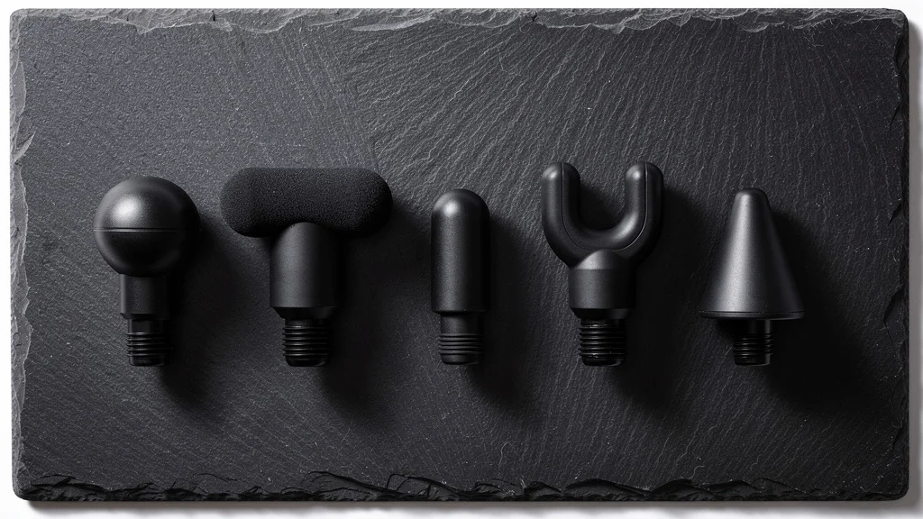 Top-down view of an array of massage gun attachments — ball, flat, bullet, fork, cone — laid out on a clean dark surface