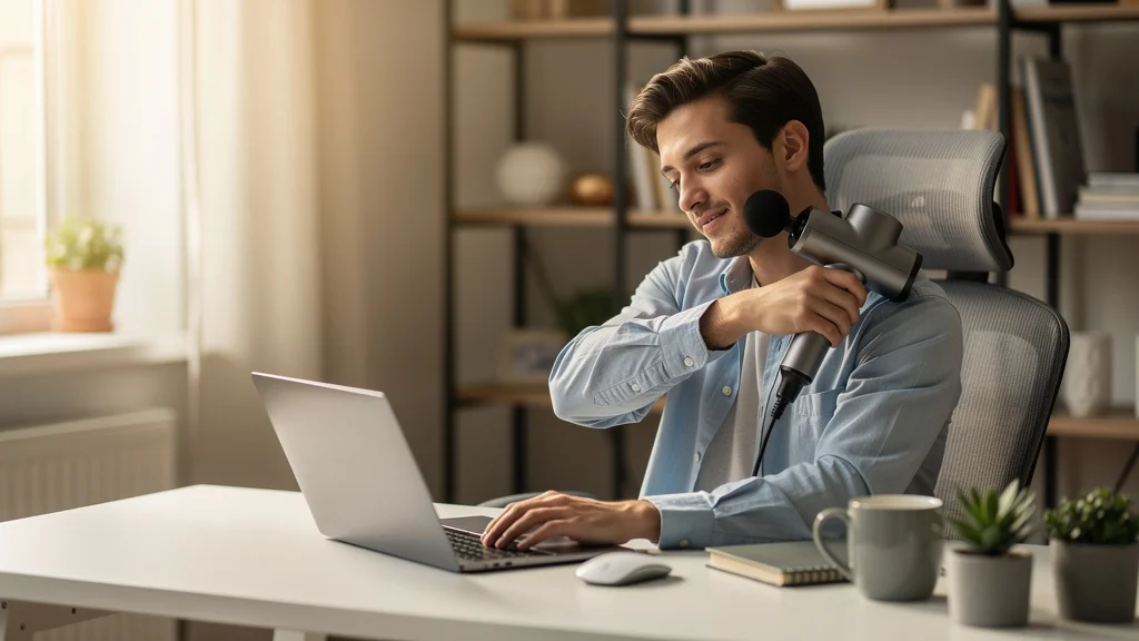 A young American professional at a home office desk using a quiet massage gun on their right shoulder during a workday — the desk-worker recovery use case
