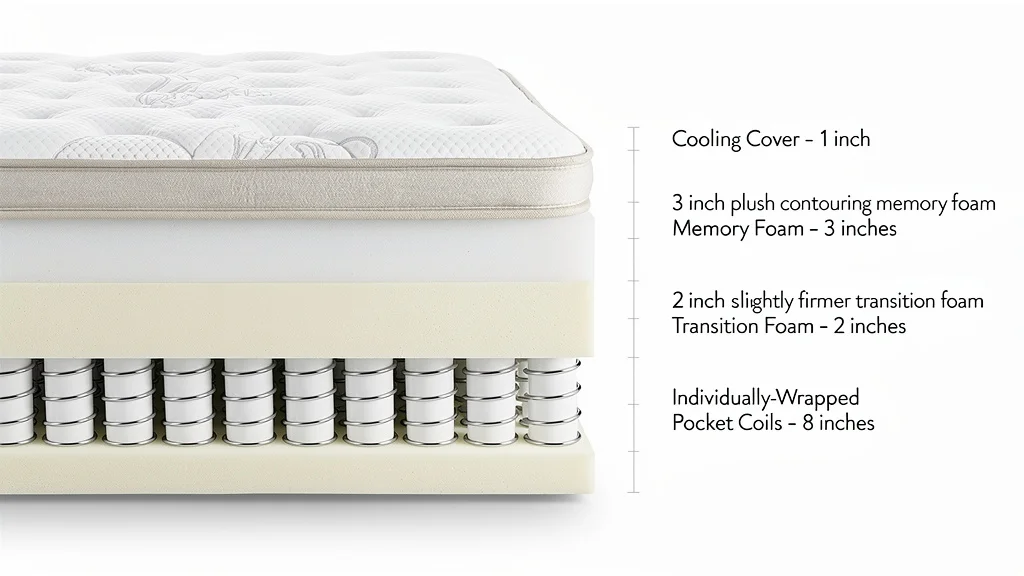 Anatomical cross-section of a hybrid mattress showing four distinct layers — cooling cover, memory foam, transition foam, individually-wrapped pocket coils — the construction detail mattress shoppers rarely see