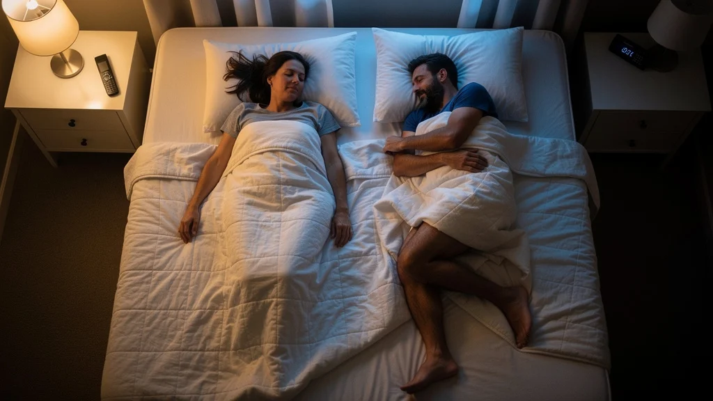 An American couple in bed at night, one partner sleeping peacefully on their back while the other shifts and tosses on a queen-sized mattress — illustrating the motion isolation problem mattresses solve