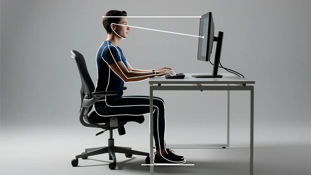 Side profile of a person seated correctly at a desk with overlay lines showing 90-degree elbow angle, feet flat on floor, lumbar curve aligned with chair backrest, monitor at eye level — instructional ergonomic posture illustration