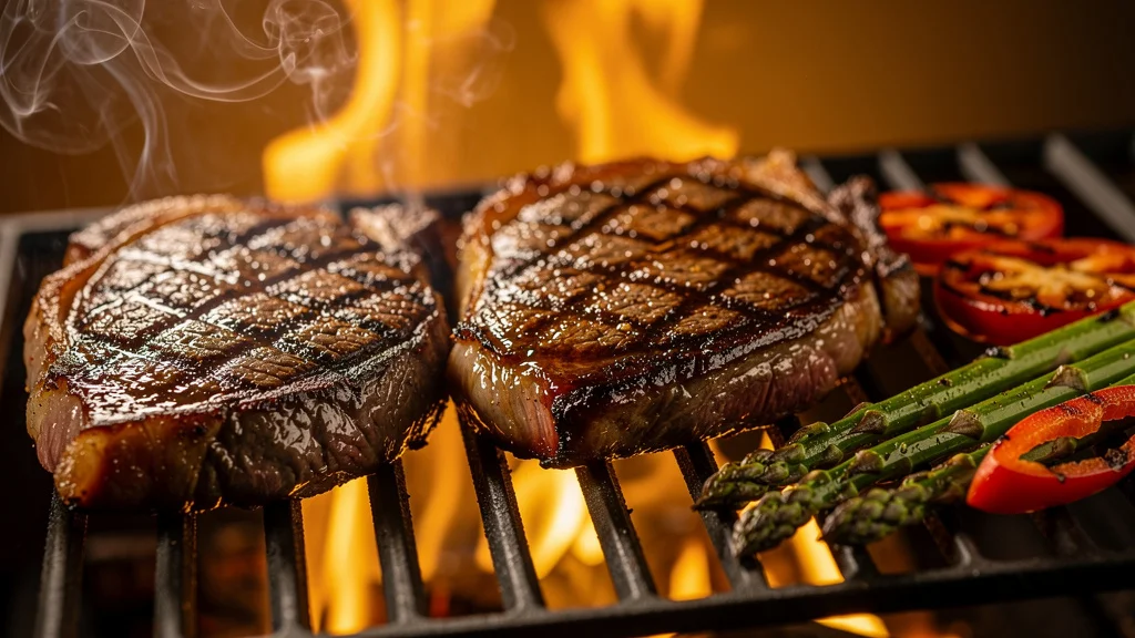 Close-up of cast-iron grill grates with three perfectly seared ribeye steaks, charred grill marks visible, orange flames licking from below, asparagus and red bell peppers grilling alongside, smoke curling upward — the visceral payoff of a properly built outdoor grill