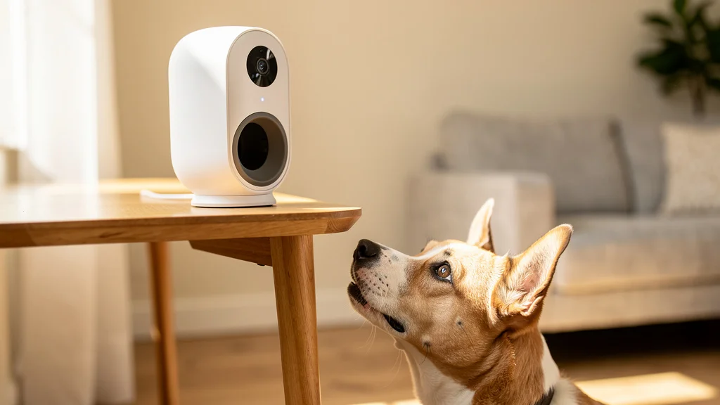Close-up of a modern pet camera on a living-room shelf with a treat dispenser opening visible, a curious dog looking up at the camera in soft afternoon light — the daily moment a pet camera turns into actual peace of mind
