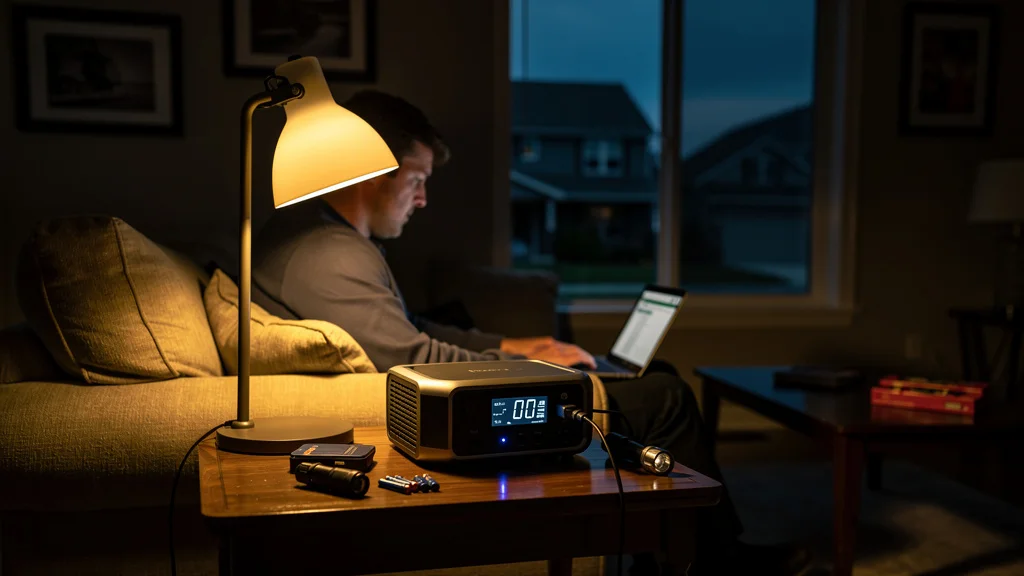 American suburban home interior during a power outage at dusk. A portable power station on a side table glows with its display, powering a desk lamp that lights the room and a laptop where someone is working; window in background shows neighborhood in darkness — illustrating the home-blackout scenario the C1000 Gen 2 was designed for