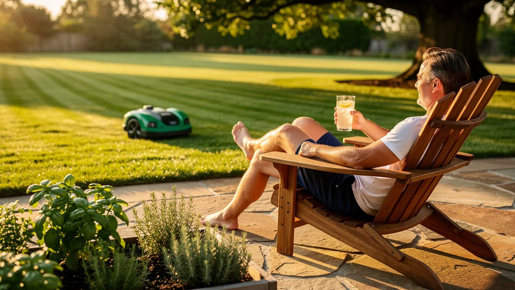 Homeowner relaxing in an Adirondack chair on a flagstone patio with a glass of iced lemonade, while a small green-and-black robot lawn mower autonomously cuts grass in the background — illustrating the genuine time-recovery payoff of a 2026 wireless robot mower