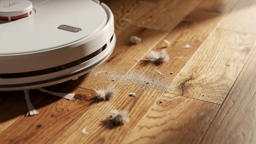 Close-up overhead view of a hardwood oak floor in a sunlit American home with visible pet hair tufts; a premium white robot vacuum is approaching mid-cleaning — illustrating the hardwood + pet-shed scenario the Saros 10R was designed for