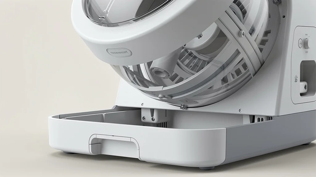 Close-up of a modern automatic self-cleaning cat litter box mid-cycle, showing the engineering of the rotating chamber and waste drawer mechanism — the technology that ends daily scooping