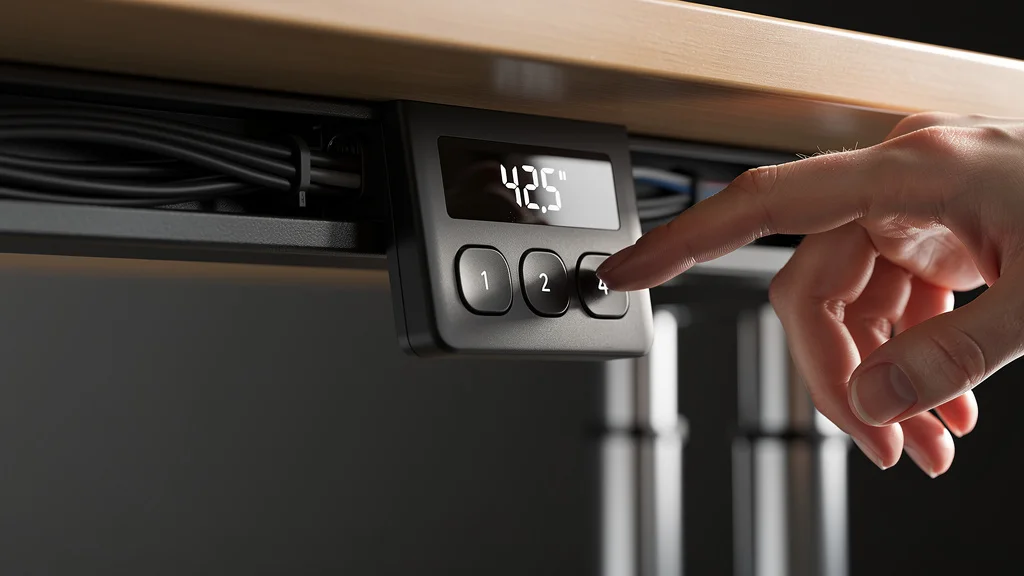 Close-up of a standing desk controller panel showing 4-preset memory buttons and current height readout, cable management tray visible mounted under the desktop edge — the preset memory keypad that turns multiple daily sit-stand transitions into a 2-tap habit instead of a 30-crank chore