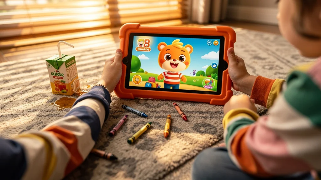 An American child age 8 sitting on a living room carpet using an Amazon Fire HD 10 Kids Pro tablet in its colorful protective case, the screen showing an educational app from Amazon Kids+ content, parents visible in the background on a couch -- the family living room kids tablet scenario with the parental controls narrative