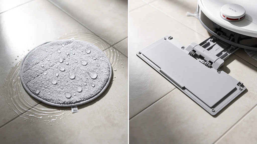 Close-up macro shot of two robot vacuum mopping pads on a tile kitchen floor — left a vibrating circular mop pad with visible water droplets, right a flat retractable rectangular pad — illustrating the VibraRise 3.0 vs damp-pad mopping difference