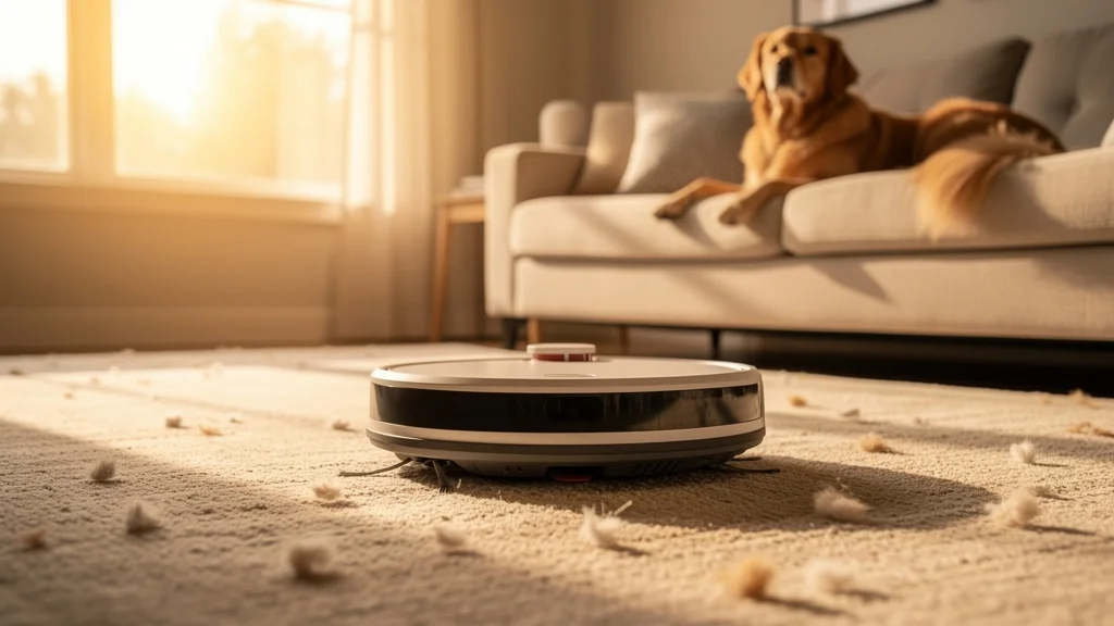 An American living room with visible pet hair on low-pile beige carpet, robot vacuum mid-cleaning approaching the camera with a golden retriever lying on the sofa watching — the daily real-world pet-household robot vacuum use case