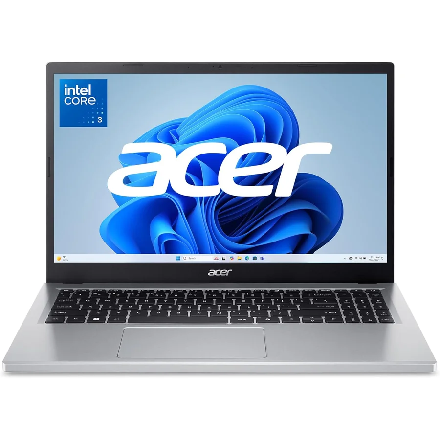 Acer Aspire Go 15 budget laptop in matte silver finish with the lid open showing the 15.6-inch FHD IPS display rendering the Windows 11 desktop, full-size chiclet keyboard with dedicated number pad on the right side, AI Ready badge sticker visible to the right of the trackpad, slim profile despite the 15-inch form factor — the sub-US$400 first-real-laptop pick that beats every premium Chromebook on multi-year value