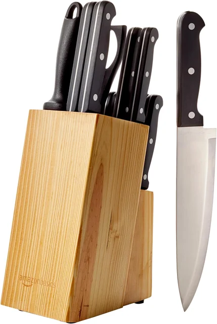 Amazon Basics 14-piece kitchen knife set with pinewood block, plastic triple-rivet handles, and high-carbon stainless steel blades