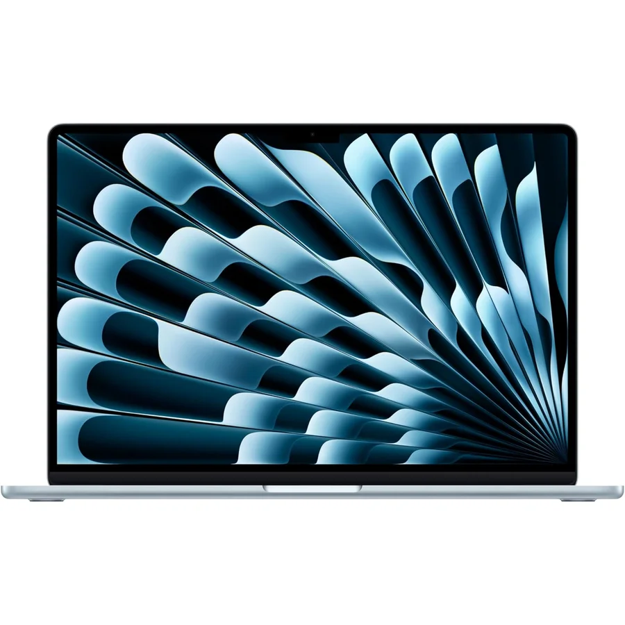 Apple MacBook Air 15-inch laptop in Sky Blue aluminum finish with the lid open showing the 15.3-inch Liquid Retina display rendering the macOS Sequoia desktop, the iconic Apple logo on the lid edge visible behind the display, slim wedge profile demonstrating the fanless silent design, Touch ID power button integrated into the top-right corner of the keyboard — the 2025 M4 generation MacBook Air with the new 16GB unified memory baseline