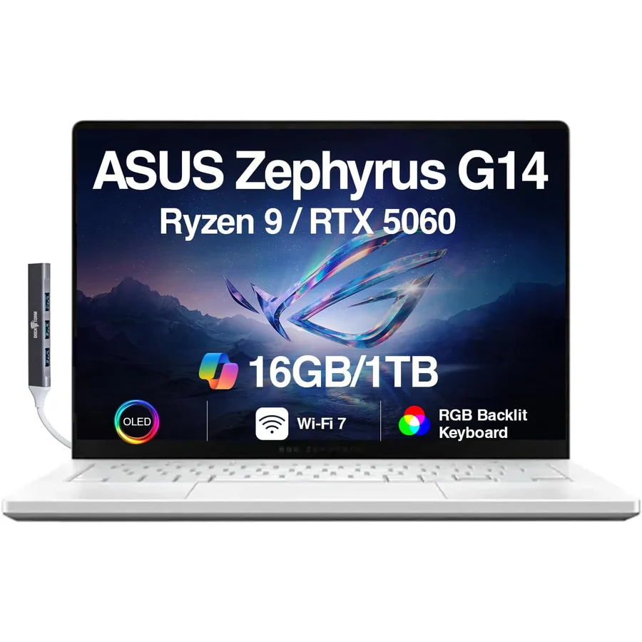 ASUS ROG Zephyrus G14 14-inch gaming laptop in matte black anodized aluminum chassis with the lid open showing the ROG Nebula OLED 2880x1800 120Hz 500-nit display rendering vibrant gaming content, signature AniMe Matrix LED dot-matrix lid display visible on the rear of the lid, RGB-backlit chiclet keyboard with prominent ROG branding, Wi-Fi 7 antenna integration — the sub-1.7 kg portable gaming-and-work crossover laptop with discrete NVIDIA RTX 5060 8GB GPU and AMD Ryzen 9 270