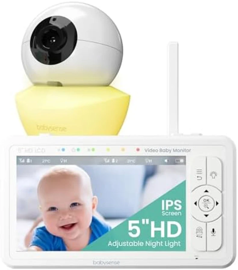 Babysense HD Video Baby Monitor system showing the spherical white camera unit on a yellow base and the white 5-inch HD parent display screen labeled Video Baby Monitor — the 2026 long-range no-Wi-Fi budget pick at US$89.99 with up to 1,000 ft range and 20-hour parent-unit battery