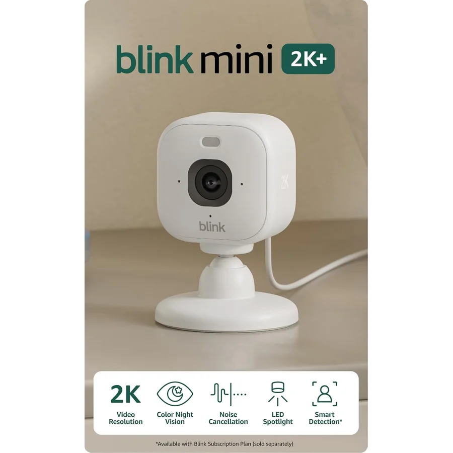 Blink Mini 2K+ small white cube-shaped indoor camera with 2K HDR camera lens, integrated spotlight for enhanced night vision, USB plug-in design, weather-resistant for outdoor use — the Amazon-owned budget pick at US$25.99