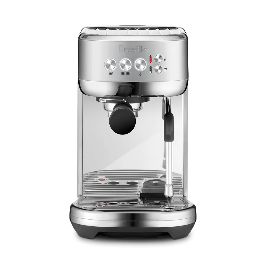 Breville Bambino Plus compact home espresso machine in brushed stainless steel — 3-button top control, automatic milk steam wand, single-portafilter setup