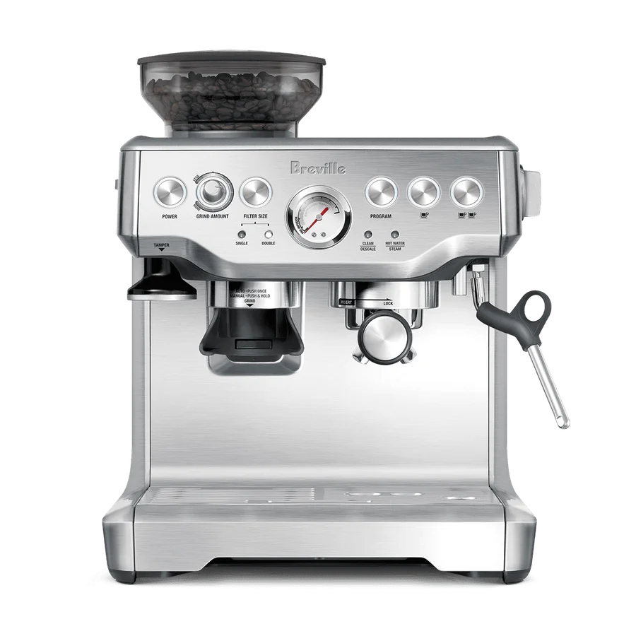 Breville Barista Express semi-automatic espresso machine with built-in conical burr grinder, manual steam wand, brushed stainless steel finish