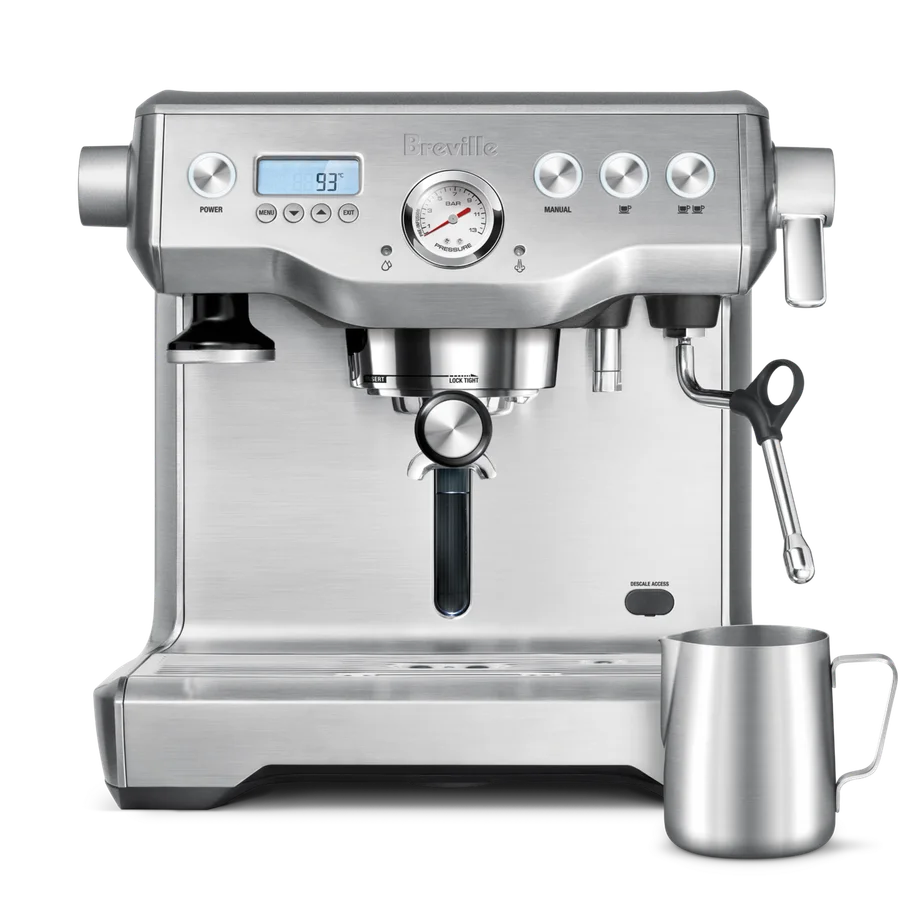 Breville Dual Boiler prosumer espresso machine with PID temperature display, articulated steam wand, brushed stainless steel construction