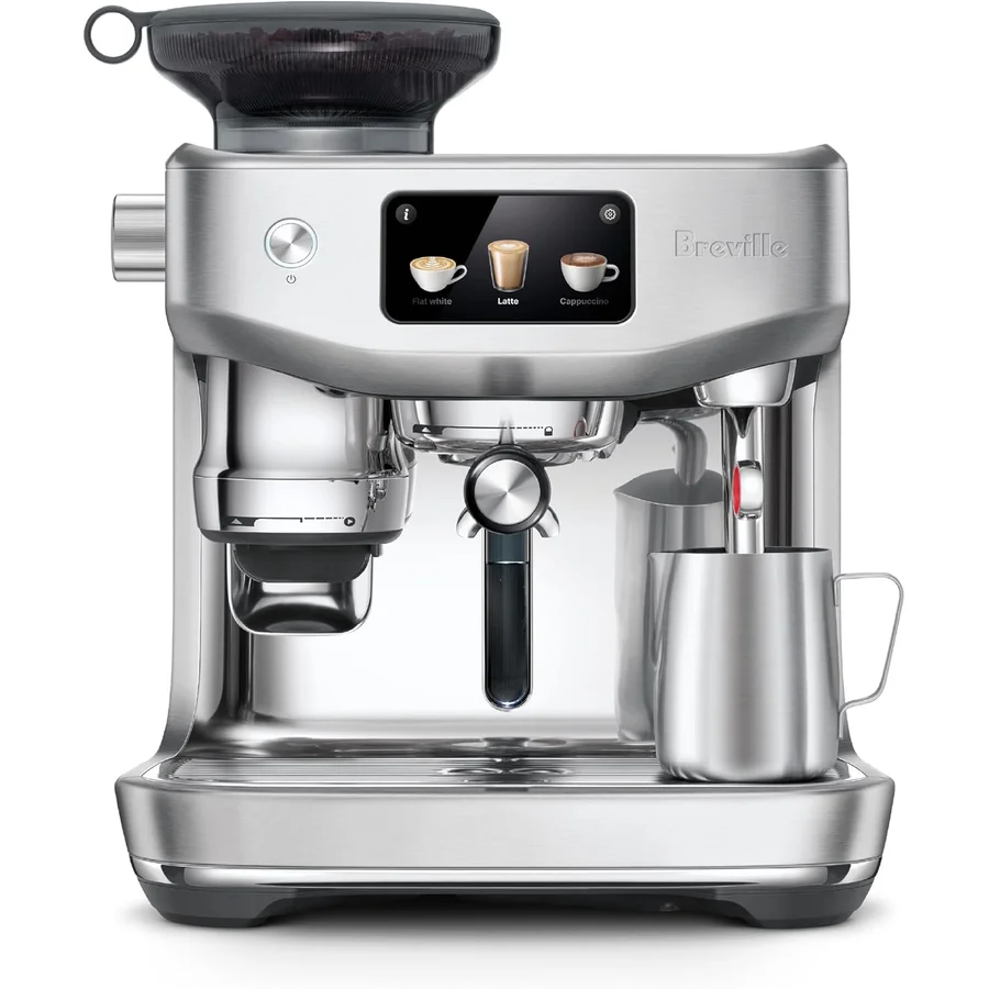 Breville Oracle Jet fully automatic espresso machine — touchscreen interface showing flat white / latte / cappuccino selections, integrated grinder hopper, automatic milk texturing pitcher