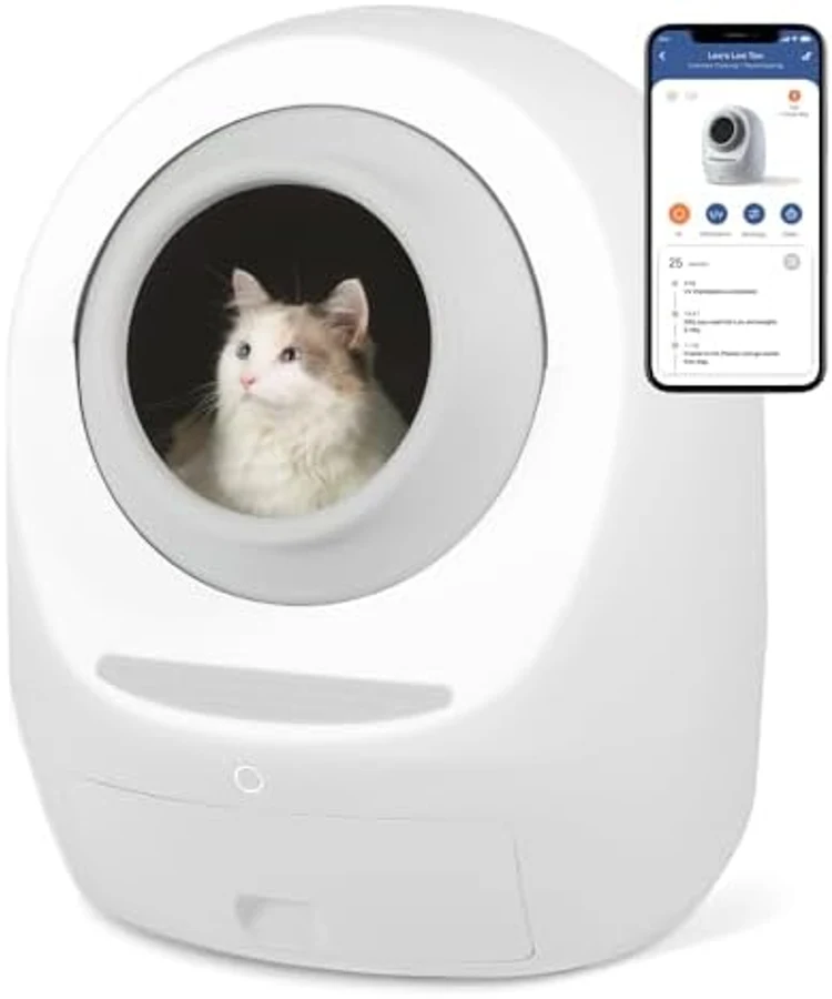 Casa Leo Leo's Loo Too automatic self-cleaning cat litter box in white with distinctive egg-shaped rounded design, large circular opening accommodating a white cat visible inside, modern minimalist aesthetic suitable for living-space placement