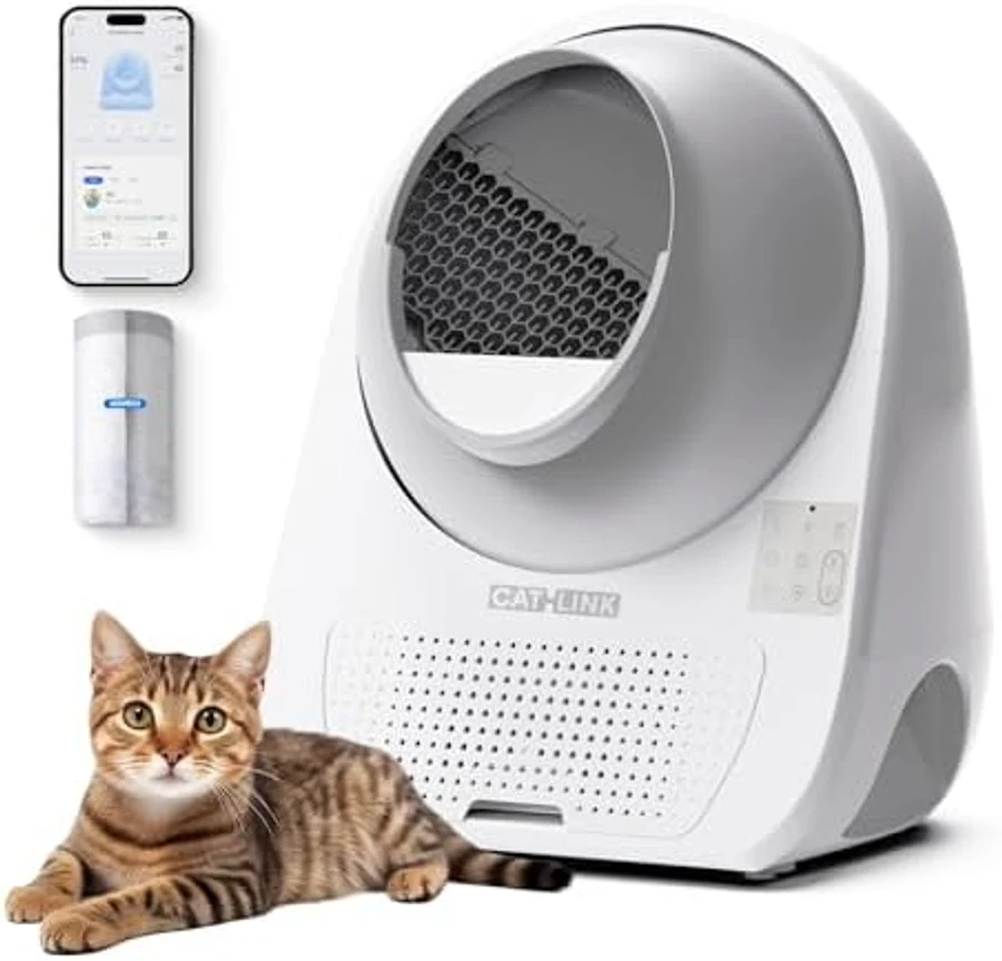 CATLINK Luxury Pro-X automatic self-cleaning cat litter box in white with rounded modern design, large circular front opening, perforated ventilation panels, integrated multi-sensor health monitoring panel