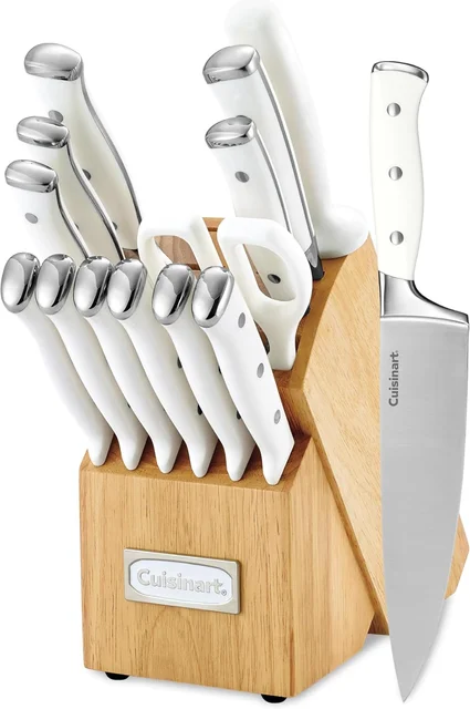 Cuisinart 15-piece knife set with white wooden block, forged triple-rivet handles, and high-carbon stainless steel blades