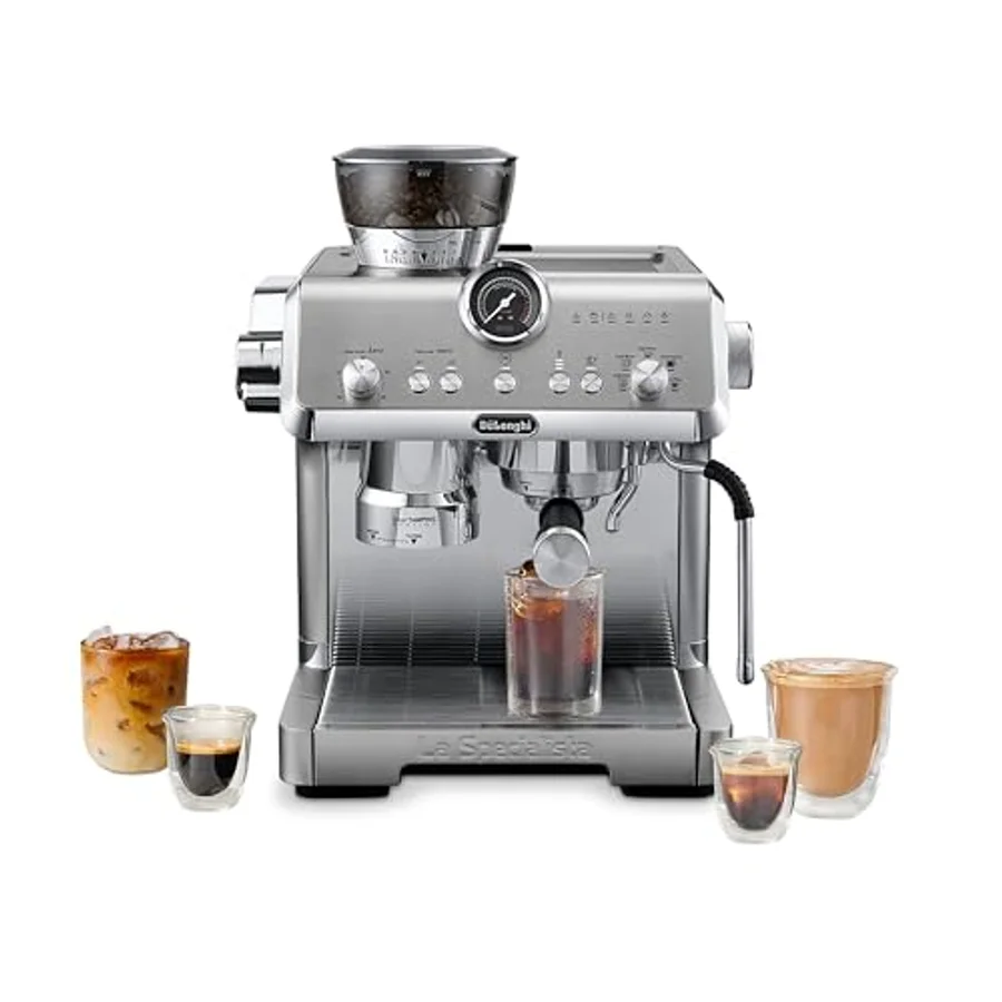 De'Longhi La Specialista Opera with Cold Brew espresso machine in stainless steel — integrated burr grinder, smart tamping system, automatic milk frother, marketing shot showing latte / cold brew / espresso outputs