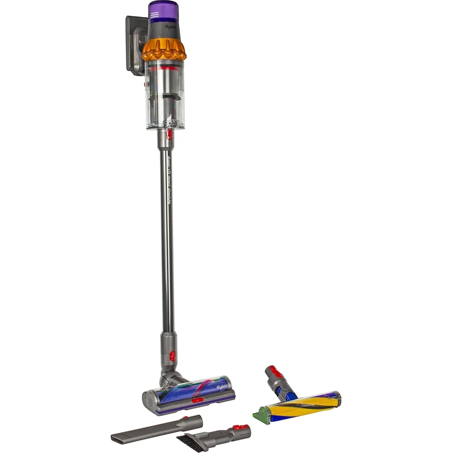 Dyson V15 Detect Absolute cordless stick vacuum in purple-and-gold colorway with the distinctive V15 LCD screen on the body, green laser cleaner head visible on the Slim Fluffy attachment, included tools — the V15 Detect Absolute bundle that includes the laser dust detection head and full attachment kit