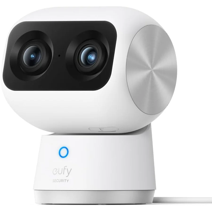 eufy Indoor Cam S350 in white with dual-lens design (4K wide-angle + 8x telephoto), 360° pan and 75° tilt mechanism visible, modern minimalist aesthetic suited for any room placement
