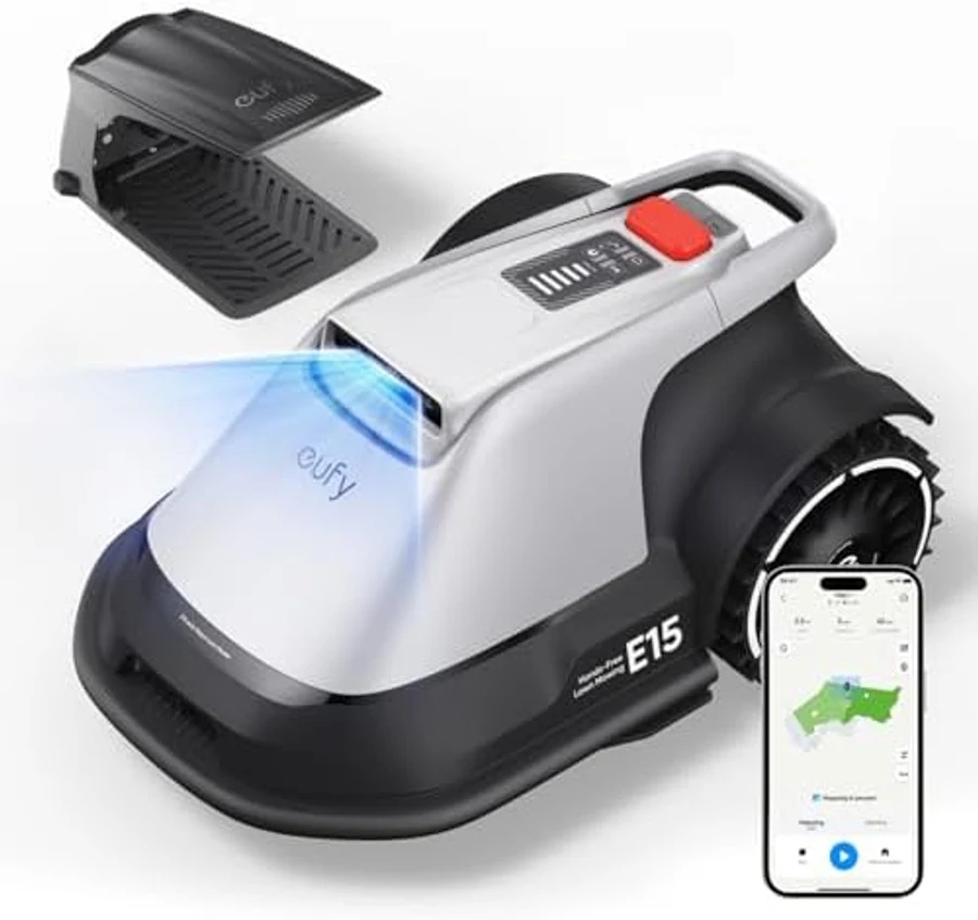 eufy Robot Lawn Mower E15 in white and matte light-gray, low-profile chassis with no antenna mast (vision-based navigation), front-facing camera lens