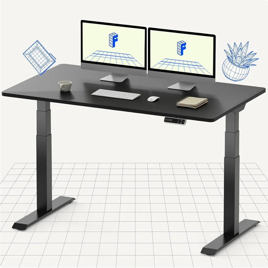FlexiSpot E7 Pro electric standing desk in dark wood-grain finish showing the dual-motor 3-stage T-leg frame configuration with control panel mounted under the front edge of the 55x28 inch desktop — the dual-motor sub-US$400 frame that hits the value-tier sit-stand essentials