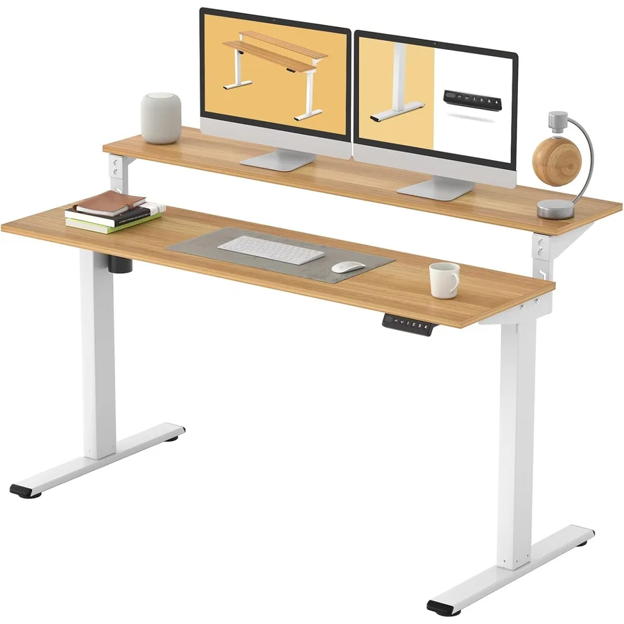 FlexiSpot EF1 Essential 2-Tier electric standing desk in white frame with light wood-grain laminate desktops, showing the signature 2-tier configuration with upper monitor shelf and lower main work surface, control panel mounted on the front edge of the lower work surface — the under-US$250 single-motor 2-tier laptop-friendly pick
