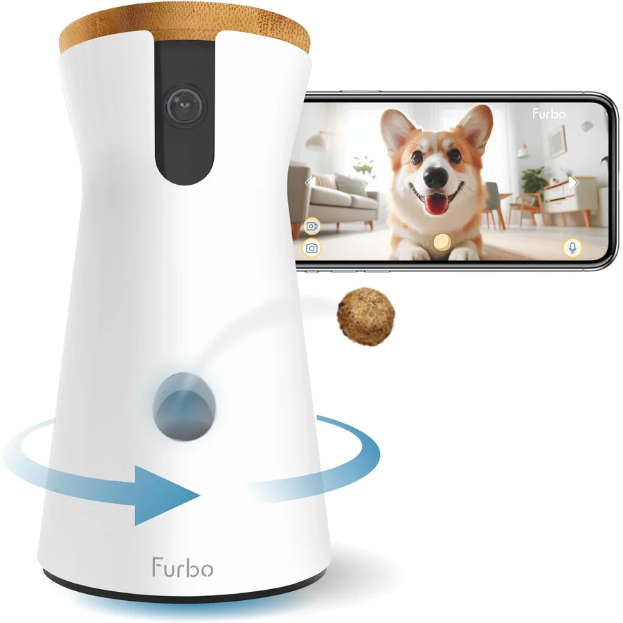 Furbo 360° Dog Camera: cylindrical white dog camera with bamboo top lid, vertical front camera strip, treat dispensing opening in the middle, Furbo branding at the base — the deepest-reviewed treat-tossing pet camera on Amazon in 2026