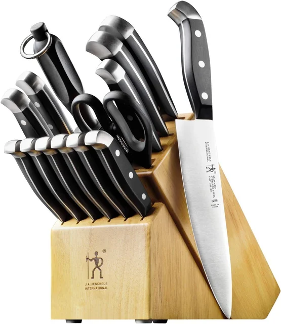 HENCKELS Statement 15-piece knife block set with hardwood block, German stainless steel blades, and triple-rivet handles