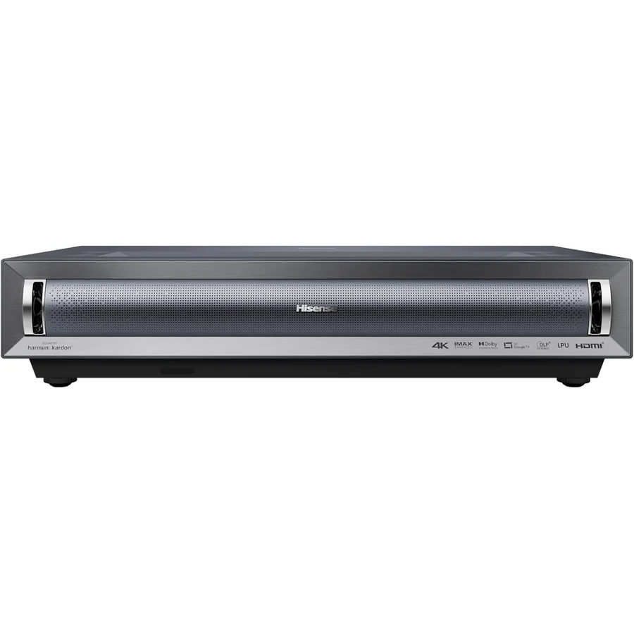 Hisense PX3-PRO triple-laser ultra-short-throw 4K UST projector with low-profile rectangular form factor, designed to sit on a TV console 8 inches from the wall