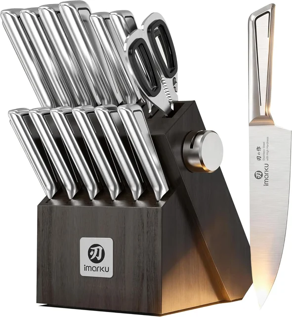 imarku 14-piece Japanese-style high carbon stainless steel knife set with hardwood block and built-in sharpener