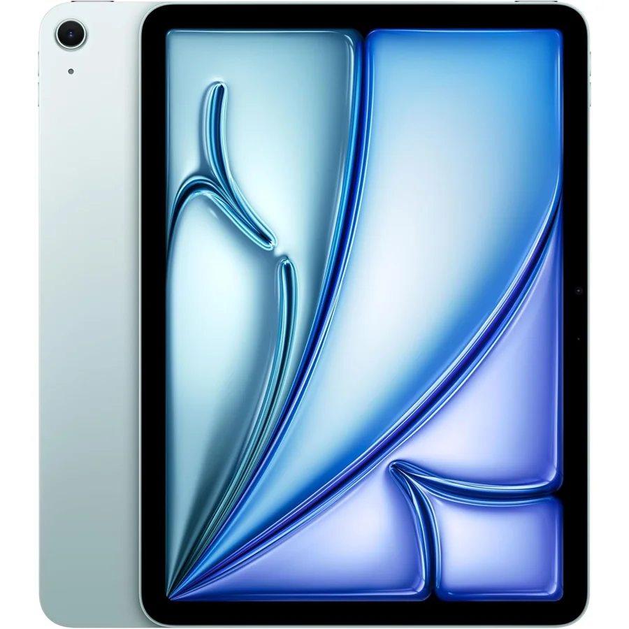 Apple iPad Air M4 11-inch tablet in Blue colorway propped on a Magic Keyboard case on a clean desk, the Liquid Retina display showing a productivity app layout, the slim aluminum body with USB-C connector visible, Apple Pencil Pro resting beside it