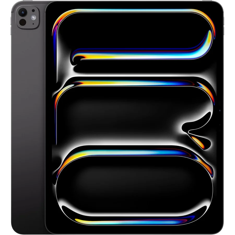 Apple iPad Pro M4 13-inch in Space Black on a creative professional's desk, the Ultra Retina XDR tandem OLED display showing a large Procreate illustration canvas with multiple layers, an Apple Pencil Pro resting on the display, the slim nano-texture glass panel visible -- the professional creative workflow scenario