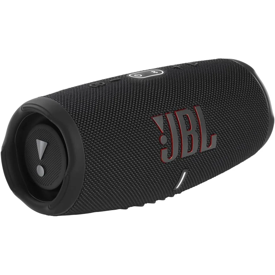 JBL Charge 5 portable Bluetooth speaker in black with cylindrical fabric mesh grille and visible JBL logo, the mainstream all-rounder mid-tier pick