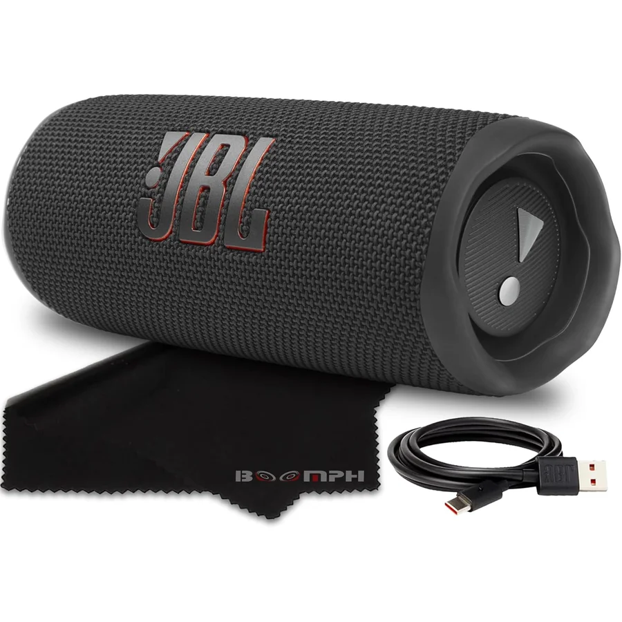 JBL Flip 6 portable Bluetooth speaker in black, slim cylindrical design with woven mesh grille and pronounced JBL logo, sized to fit in a backpack side pocket