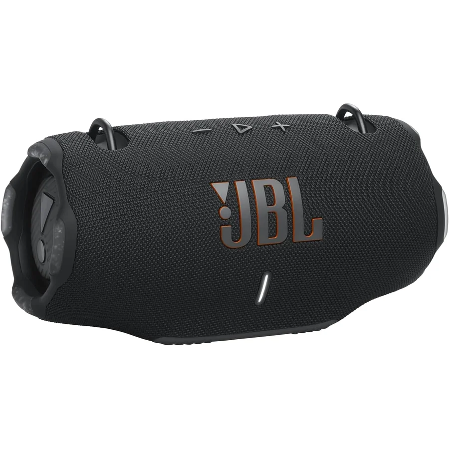 JBL Xtreme 4 large portable Bluetooth speaker in black with shoulder strap, dual-end passive radiators, and prominent JBL logo, the party-volume outdoor pick