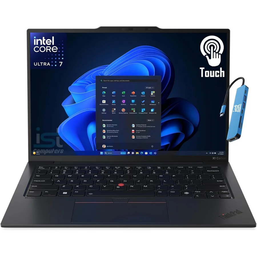 Lenovo ThinkPad X1 Carbon Gen 12 14-inch business laptop in matte black carbon-fiber finish, lid open showing the FHD+ touchscreen display with Windows 11 interface, characteristic ThinkPad backlit keyboard with red TrackPoint nub centered between G/H/B keys, fingerprint reader integrated into the power button, dual Thunderbolt 4 ports visible on the left edge with the IST USB hub attached — the 1.09 kg flagship business ultrabook with Intel Core Ultra 7 165U vPro, 32GB DDR5, and the legendary ThinkPad keyboard
