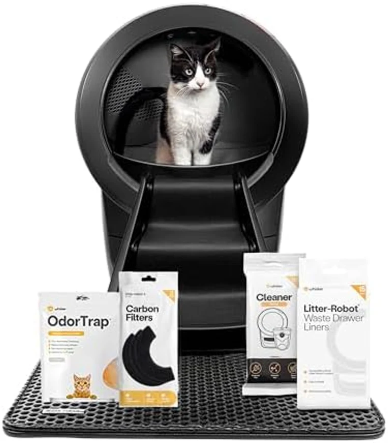 Litter-Robot 4 black automatic self-cleaning cat litter box with distinctive spherical globe design, large circular front opening, sleek matte black finish — the 2024-launch flagship from Whisker, the deepest-reviewed self-cleaning litter box on Amazon in 2026