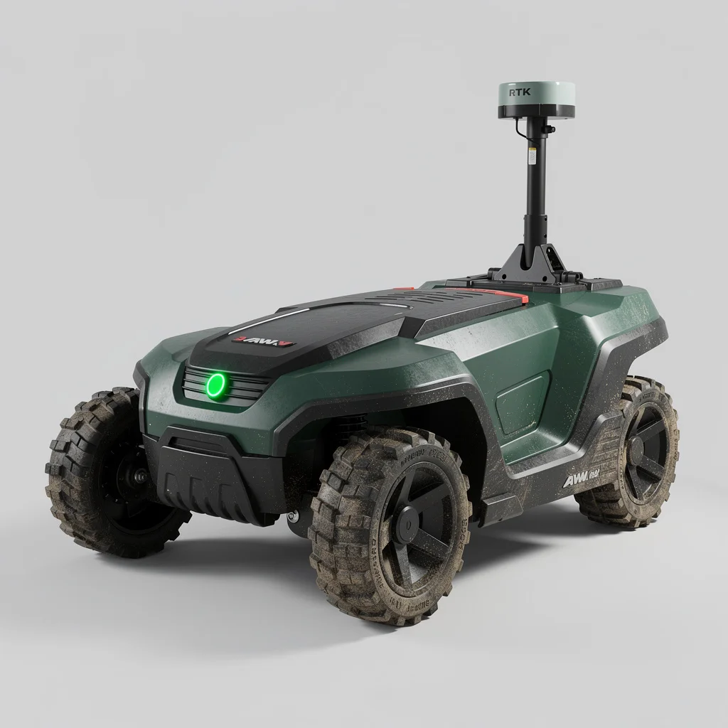Mammotion LUBA 3 AWD 3000H robot lawn mower in dark green and black, four-wheel-drive off-road tires, top-mounted RTK GPS antenna mast