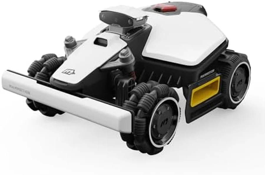 Mammotion LUBA mini AWD 800H robot lawn mower in green and black, compact mid-sized chassis with four-wheel drive and top-mounted RTK GPS antenna